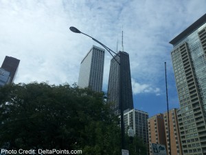 a tall buildings with a street light