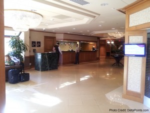 a hotel lobby with a reception desk