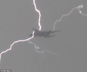 a plane in the sky with lightning