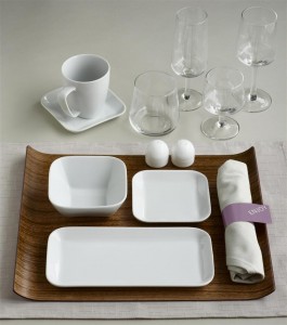 a tray with plates and glasses