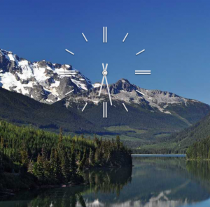 a clock on a lake