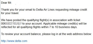 email confirming miles for missed flights delta points blog
