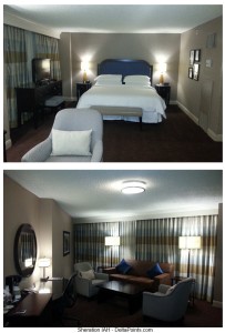 jr suite club level sheraton iah delta points lower floor bed and lounge area