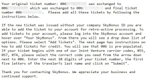 email instructions for adding a missing skybonus ticket