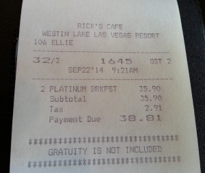 breakfast bill that was FREE due to SPG Platinum status Westin Lake Las Vegas Delta Points blog