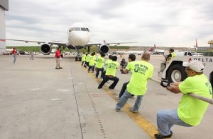 shot of delta 757 jet pull delta tech ops atl airport