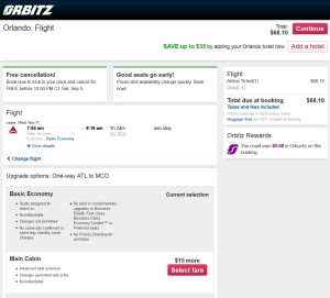 final page on orbitz with choice to buyup to Main Cabin delta and more info on basic